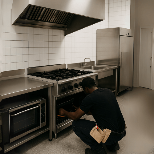Technician inspecting an industrial oven in a modern stainless steel kitchen