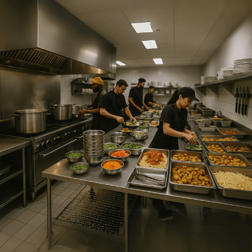 Team of chefs preparing bulk meals in a commercial kitchen with stainless steel counters