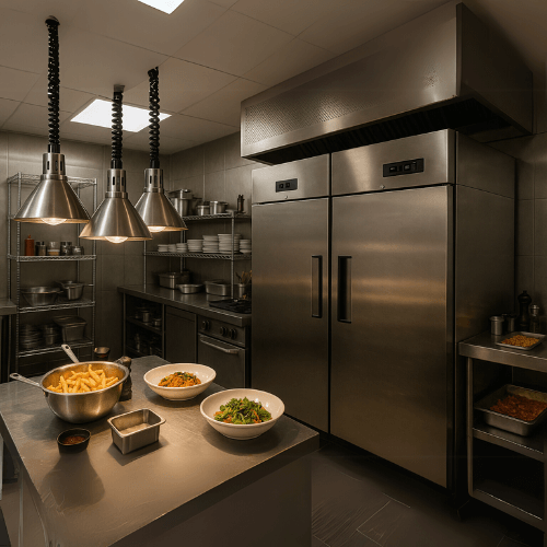 Modern commercial kitchen with stainless steel appliances and prepared meals under heat lamps